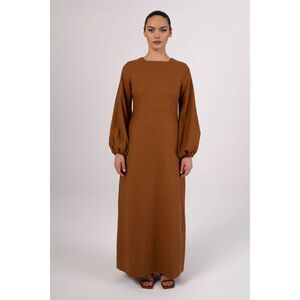 Veiled New York Womens Brown Linen Round Neck Balloon Sleeve Maxi Dress Small